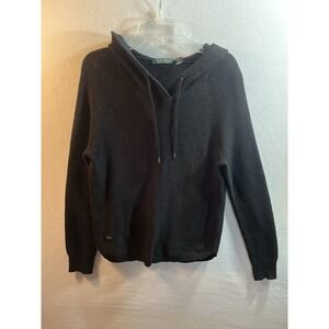 Lauren Ralph Lauren Hooded Sweater Women's S VNeck Black Waffle Knit Long Sleeve